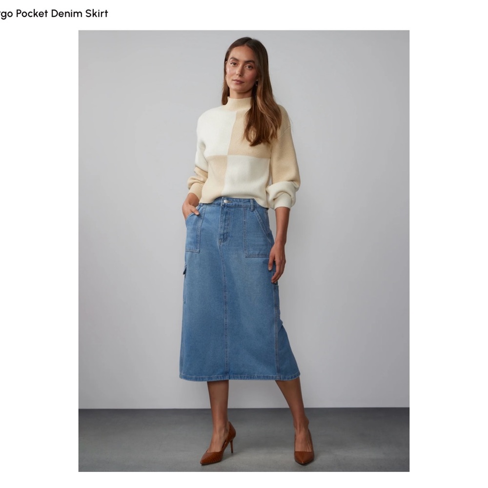 Midi-length denim skirt; four-pocket design w/center back slit